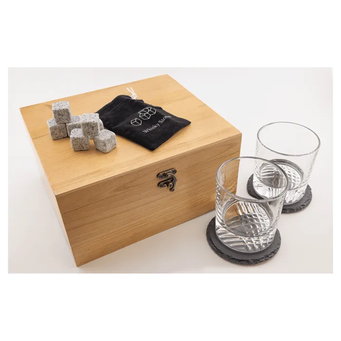 Red Alder Whiskey Set with Two 9 oz. Glasses, Two 4" Slate Coasters, and Eight Granite Whiskey Stones with Black Velvet Bag