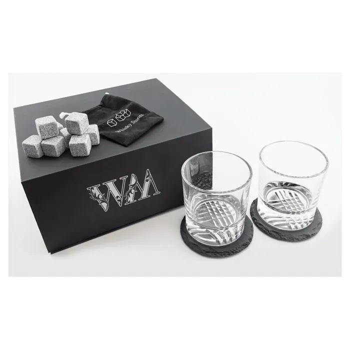 Lazerburst Whiskey Set with Two 9 oz. Glasses, Two 4" Slate Coasters, and Eight Granite Whiskey Stones with Black Velvet Bag